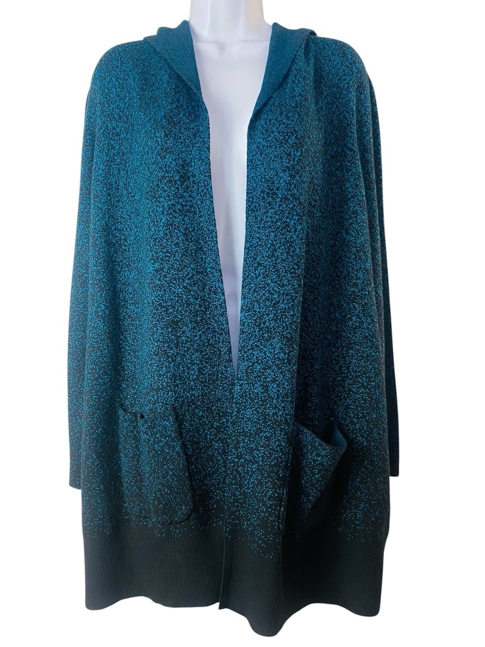 Chico’s Teal Ombré Cashmere Blend Open Front Hooded Sweater Cardigan Size M